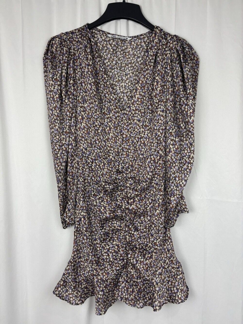 Zara Dress Women’s Floral Ruched Long Sleeve Ruffle Hem Boho Romantic M